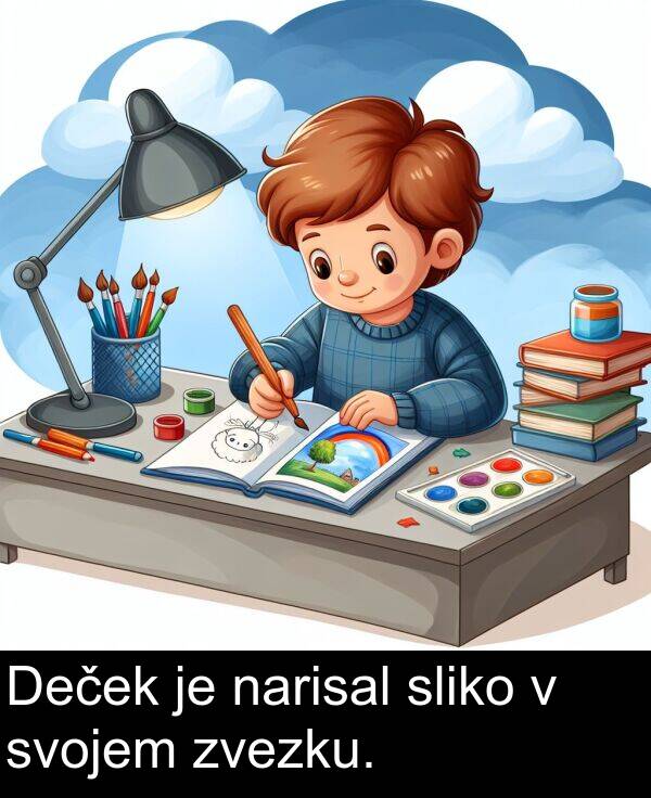 narisal: Deček je narisal sliko v svojem zvezku.
