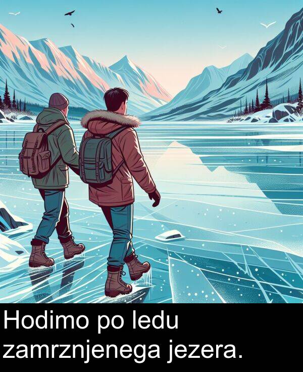 jezera: Hodimo po ledu zamrznjenega jezera.