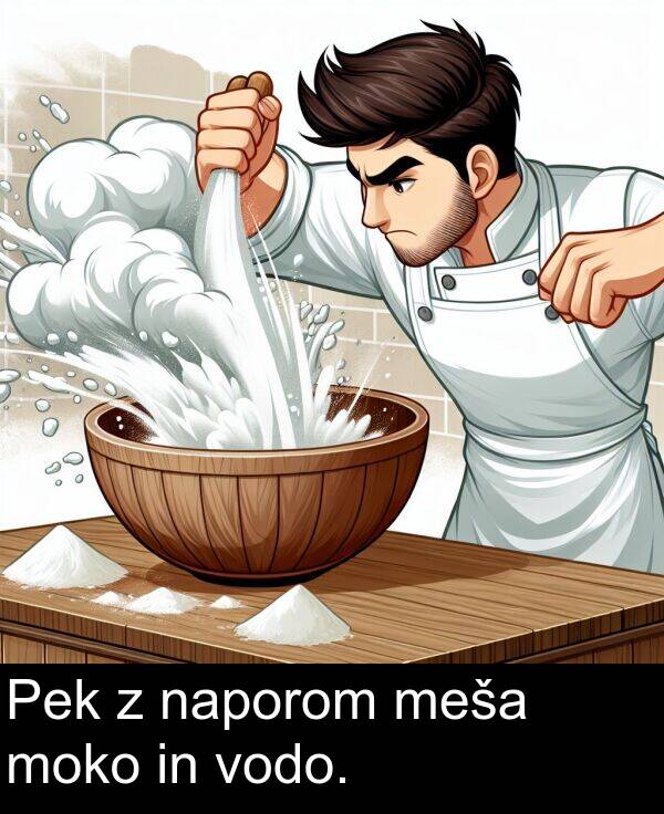 moko: Pek z naporom meša moko in vodo.