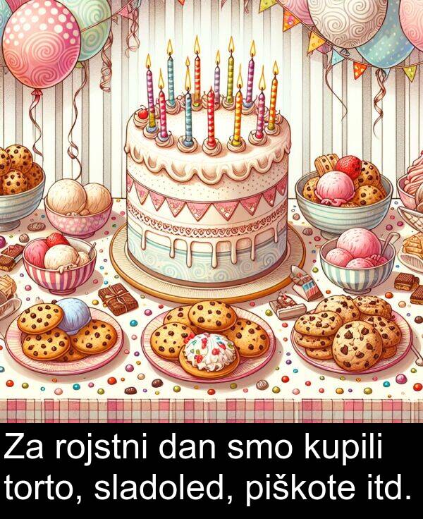 rojstni: Za rojstni dan smo kupili torto, sladoled, piškote itd.