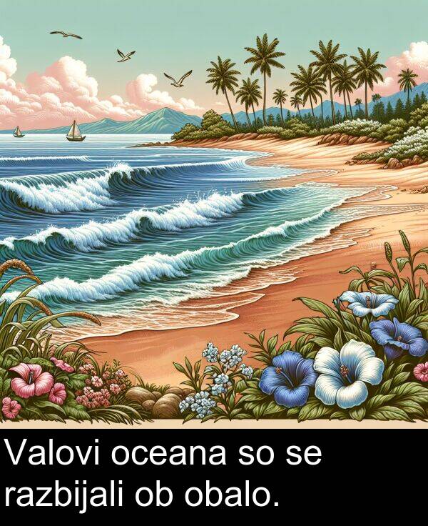 obalo: Valovi oceana so se razbijali ob obalo.