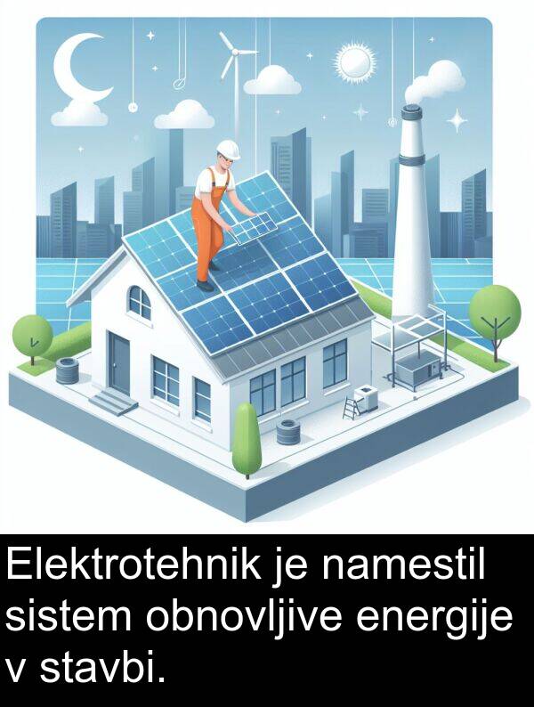 stavbi: Elektrotehnik je namestil sistem obnovljive energije v stavbi.