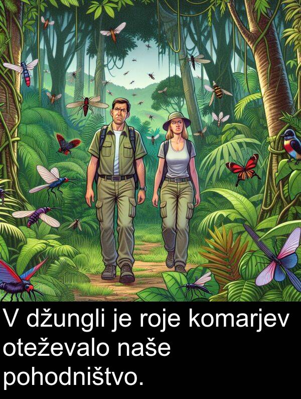 oteževalo: V džungli je roje komarjev oteževalo naše pohodništvo.