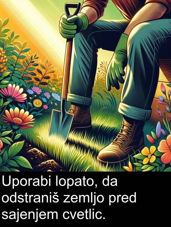 sajenjem: Uporabi lopato, da odstraniš zemljo pred sajenjem cvetlic.