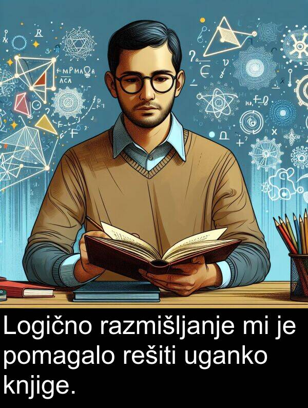 razmišljanje: Logično razmišljanje mi je pomagalo rešiti uganko knjige.