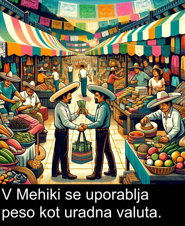 kot: V Mehiki se uporablja peso kot uradna valuta.