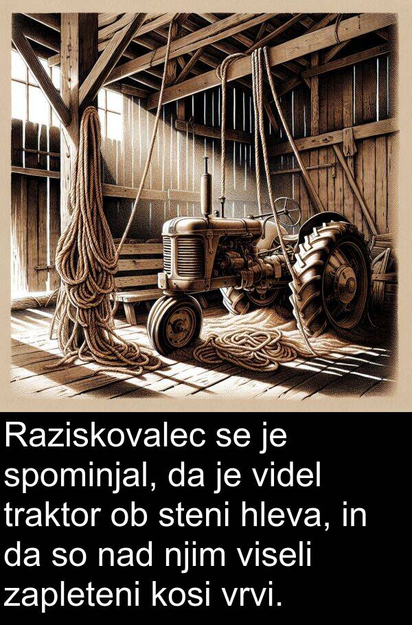 hleva: Raziskovalec se je spominjal, da je videl traktor ob steni hleva, in da so nad njim viseli zapleteni kosi vrvi.