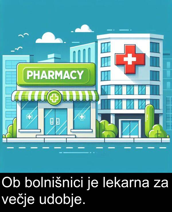 lekarna: Ob bolnišnici je lekarna za večje udobje.