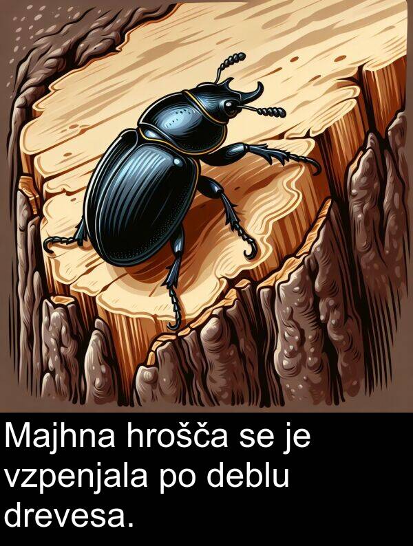 vzpenjala: Majhna hrošča se je vzpenjala po deblu drevesa.