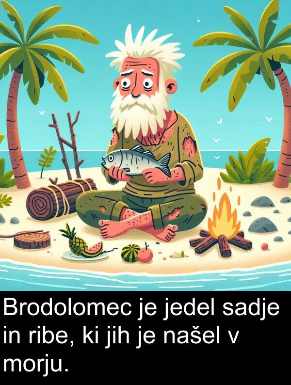 sadje: Brodolomec je jedel sadje in ribe, ki jih je našel v morju.