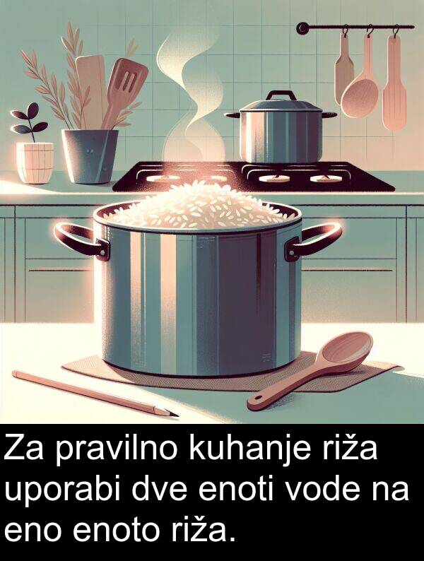 kuhanje: Za pravilno kuhanje riža uporabi dve enoti vode na eno enoto riža.