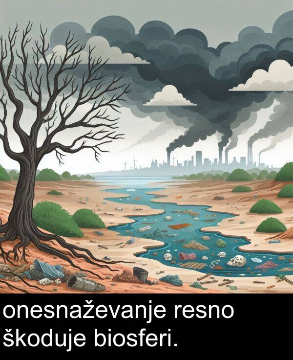 škoduje: onesnaževanje resno škoduje biosferi.