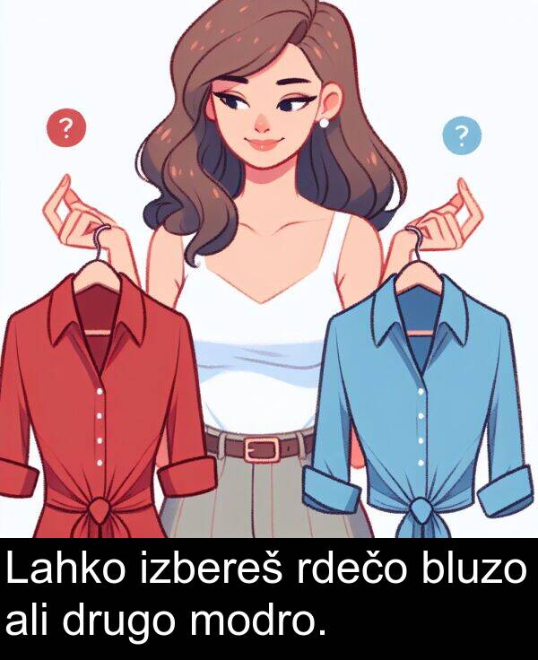 modro: Lahko izbereš rdečo bluzo ali drugo modro.