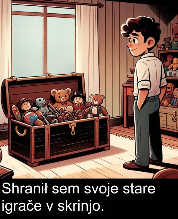 sem: Shranił sem svoje stare igrače v skrinjo.