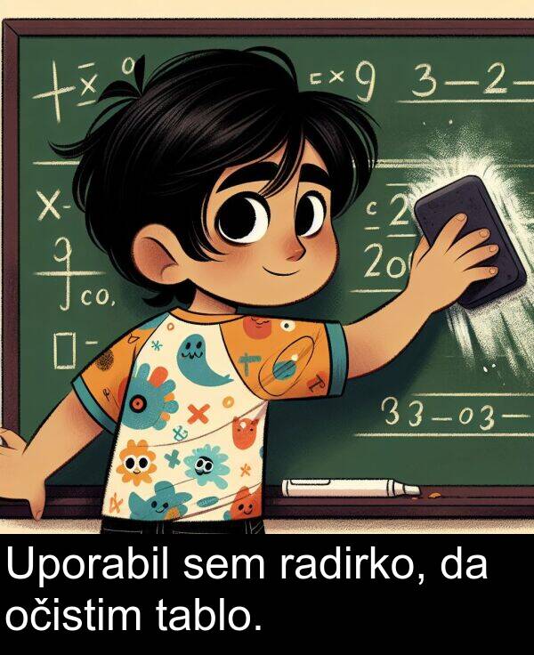 radirko: Uporabil sem radirko, da očistim tablo.