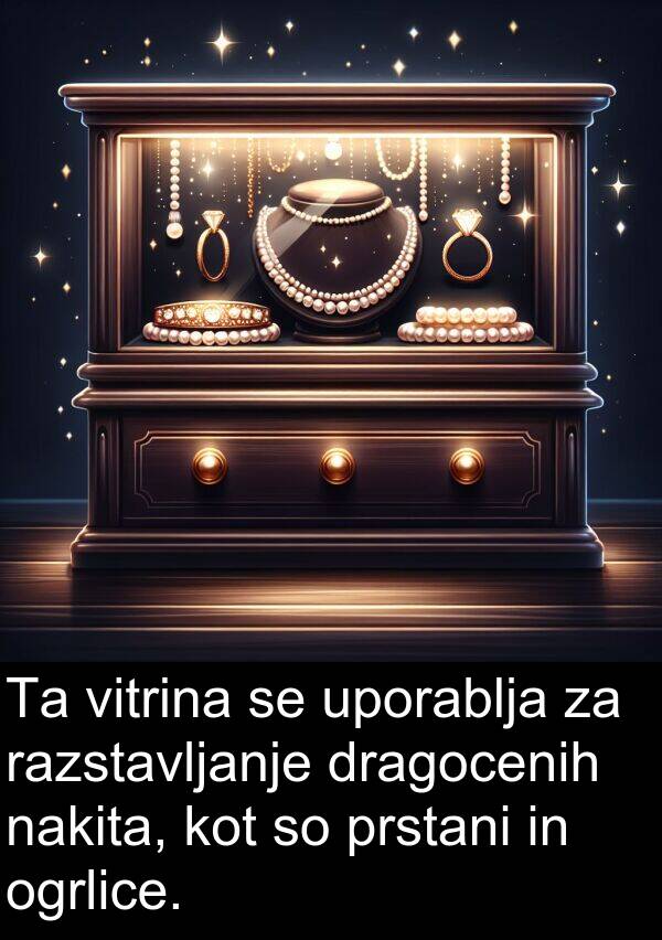 nakita: Ta vitrina se uporablja za razstavljanje dragocenih nakita, kot so prstani in ogrlice.