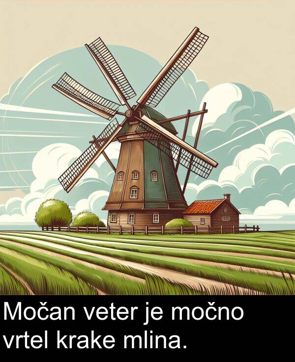 močno: Močan veter je močno vrtel krake mlina.