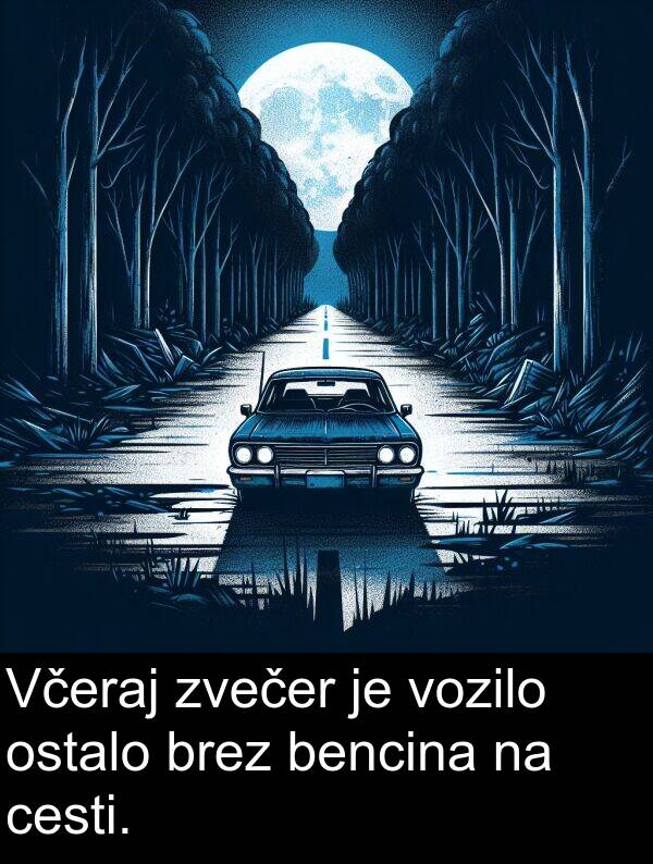 bencina: Včeraj zvečer je vozilo ostalo brez bencina na cesti.