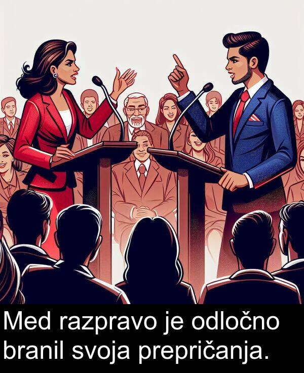 odločno: Med razpravo je odločno branil svoja prepričanja.