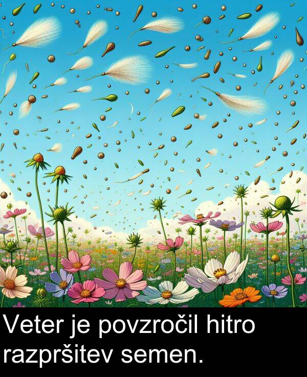 razpršitev: Veter je povzročil hitro razpršitev semen.