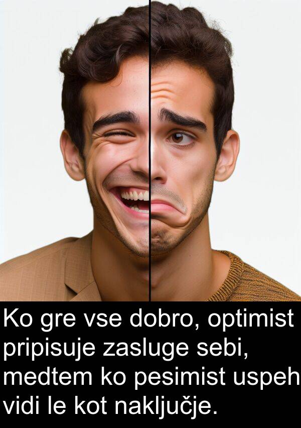 sebi: Ko gre vse dobro, optimist pripisuje zasluge sebi, medtem ko pesimist uspeh vidi le kot naključje.
