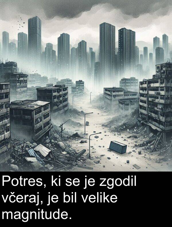 magnitude: Potres, ki se je zgodil včeraj, je bil velike magnitude.