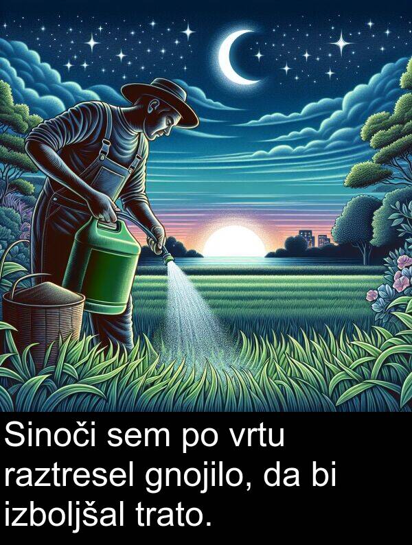 gnojilo: Sinoči sem po vrtu raztresel gnojilo, da bi izboljšal trato.