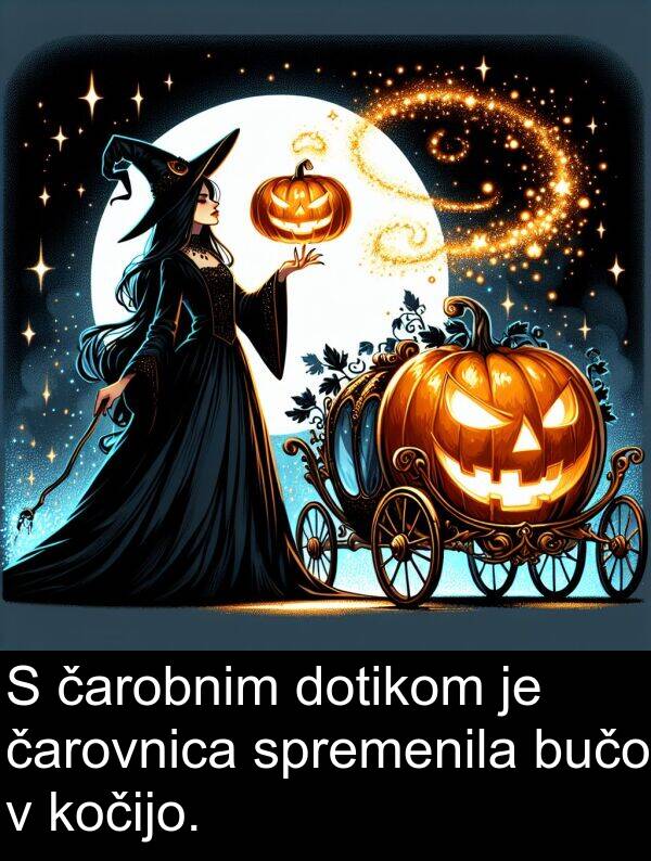 čarobnim: S čarobnim dotikom je čarovnica spremenila bučo v kočijo.