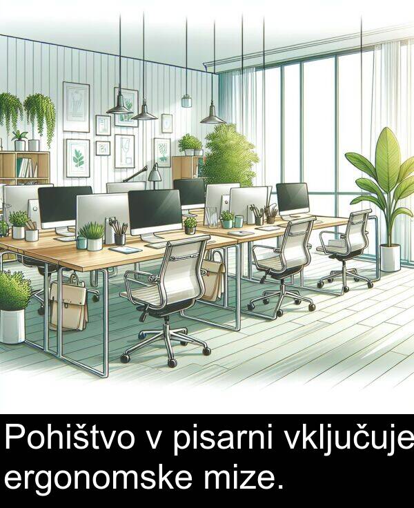 ergonomske: Pohištvo v pisarni vključuje ergonomske mize.