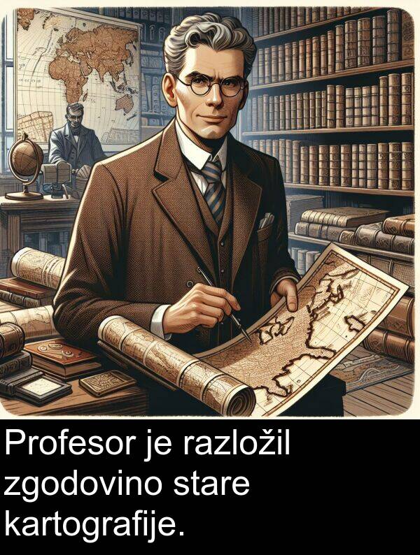 razložil: Profesor je razložil zgodovino stare kartografije.