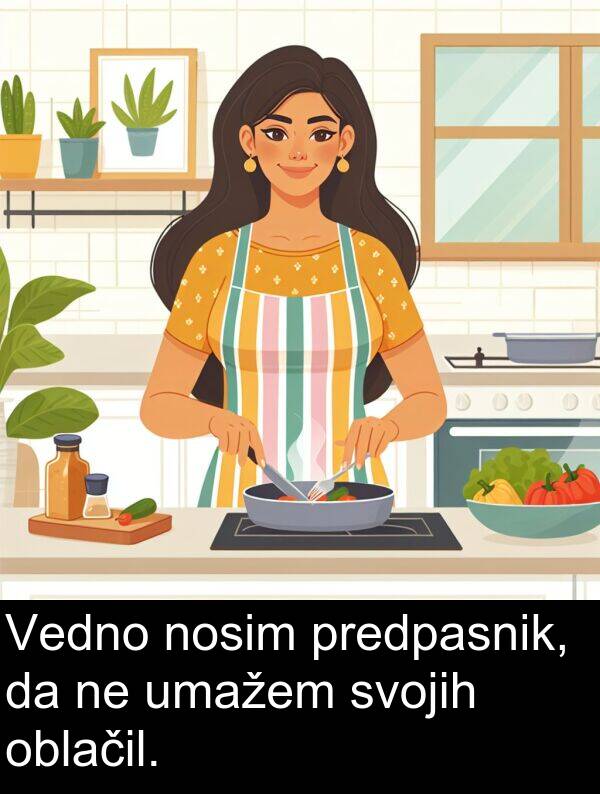 oblačil: Vedno nosim predpasnik, da ne umažem svojih oblačil.