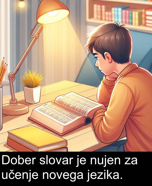 slovar: Dober slovar je nujen za učenje novega jezika.