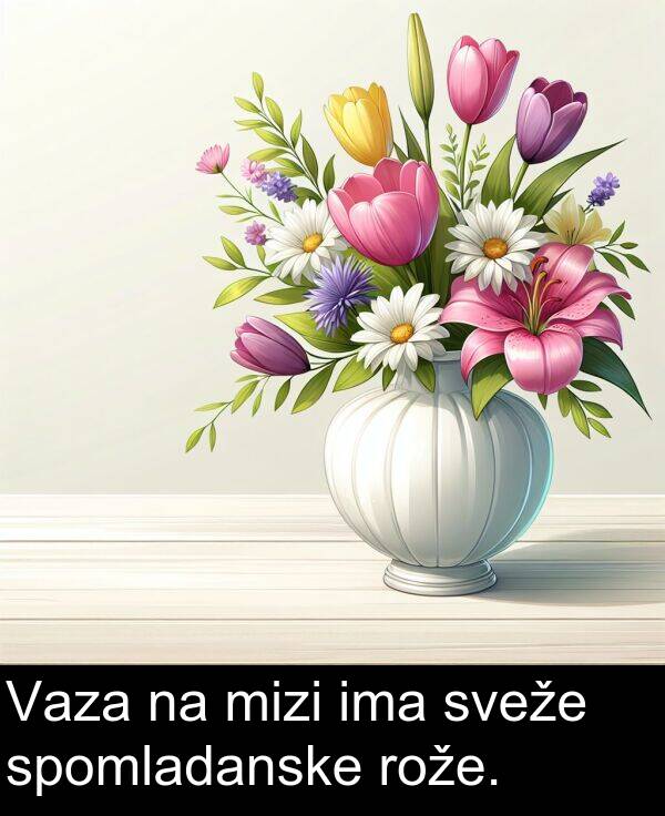 rože: Vaza na mizi ima sveže spomladanske rože.
