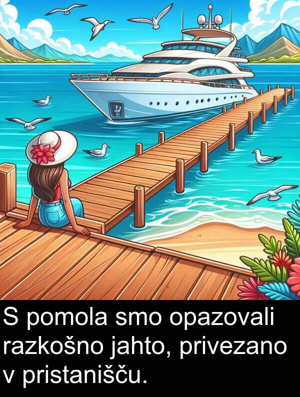 opazovali: S pomola smo opazovali razkošno jahto, privezano v pristanišču.