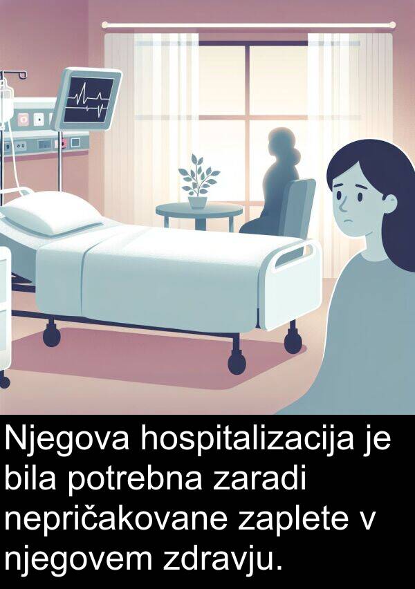 nepričakovane: Njegova hospitalizacija je bila potrebna zaradi nepričakovane zaplete v njegovem zdravju.
