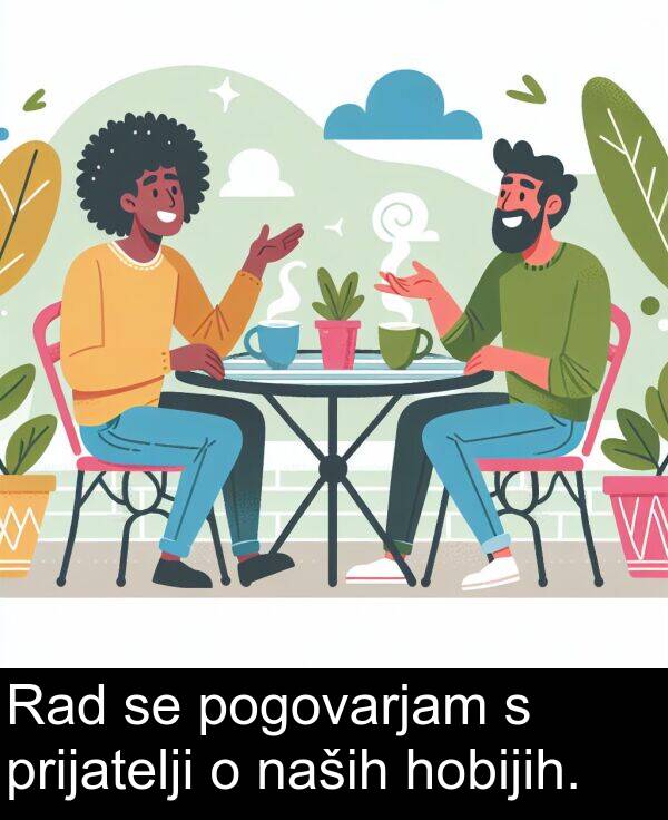 pogovarjam: Rad se pogovarjam s prijatelji o naših hobijih.