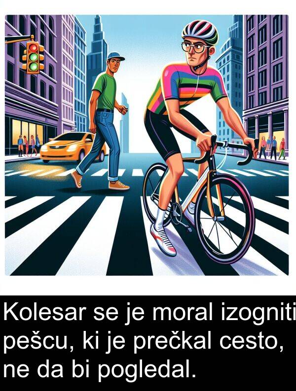 cesto: Kolesar se je moral izogniti pešcu, ki je prečkal cesto, ne da bi pogledal.