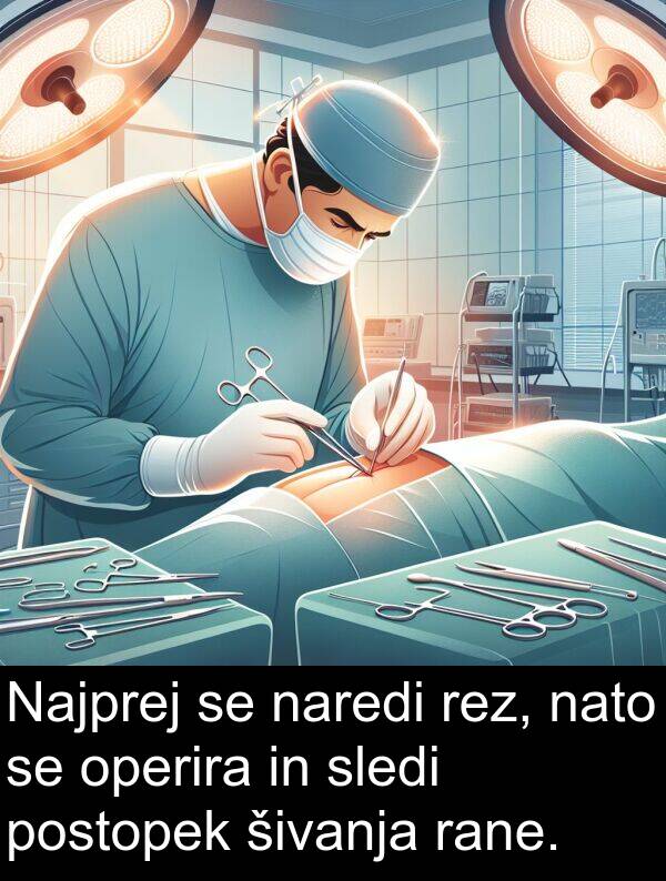rane: Najprej se naredi rez, nato se operira in sledi postopek šivanja rane.