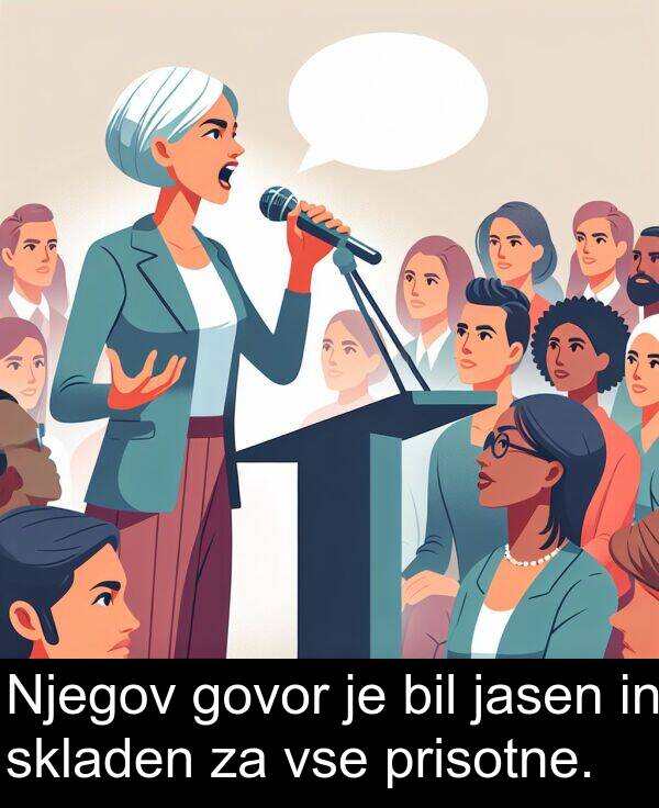jasen: Njegov govor je bil jasen in skladen za vse prisotne.