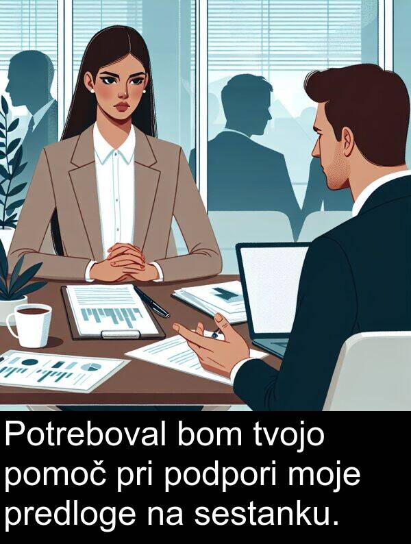 pomoč: Potreboval bom tvojo pomoč pri podpori moje predloge na sestanku.