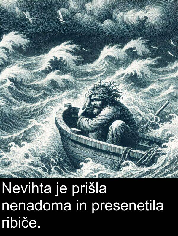 nenadoma: Nevihta je prišla nenadoma in presenetila ribiče.