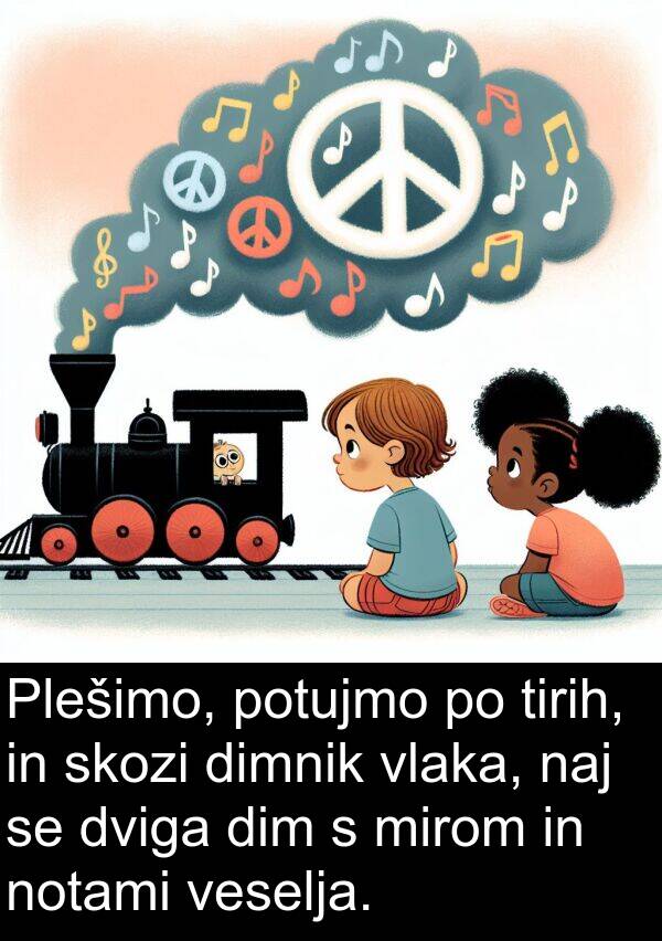 notami: Plešimo, potujmo po tirih, in skozi dimnik vlaka, naj se dviga dim s mirom in notami veselja.