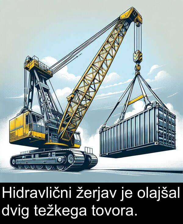 žerjav: Hidravlični žerjav je olajšal dvig težkega tovora.