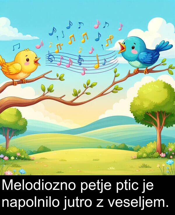 napolnilo: Melodiozno petje ptic je napolnilo jutro z veseljem.