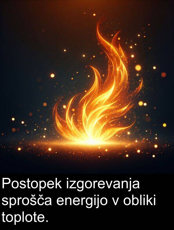 sprošča: Postopek izgorevanja sprošča energijo v obliki toplote.
