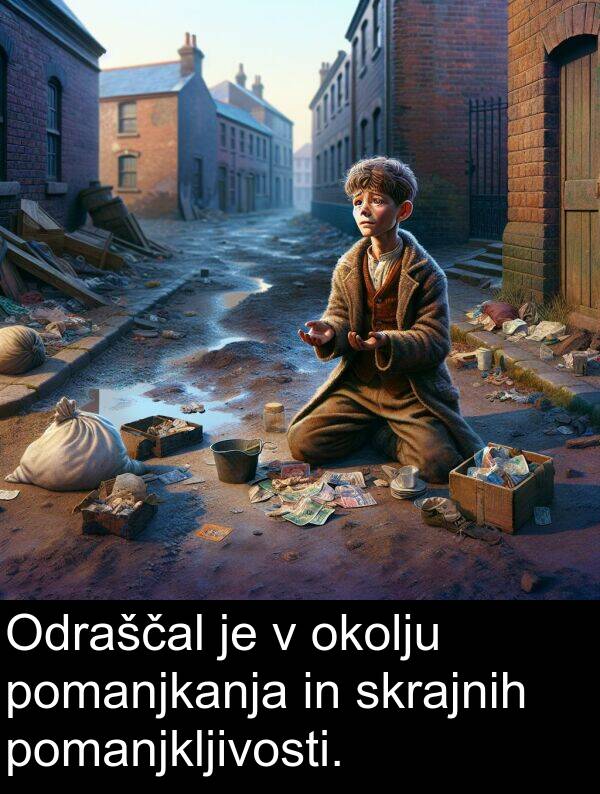 pomanjkljivosti: Odraščal je v okolju pomanjkanja in skrajnih pomanjkljivosti.