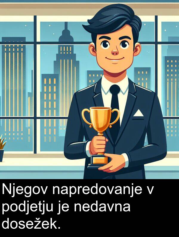 nedavna: Njegov napredovanje v podjetju je nedavna dosežek.