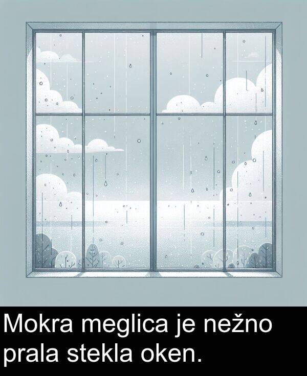 meglica: Mokra meglica je nežno prala stekla oken.