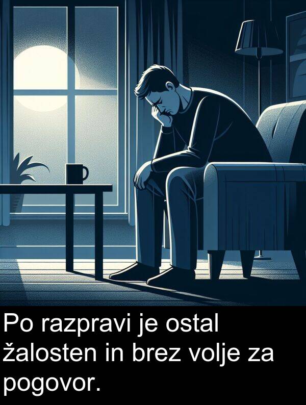 razpravi: Po razpravi je ostal žalosten in brez volje za pogovor.