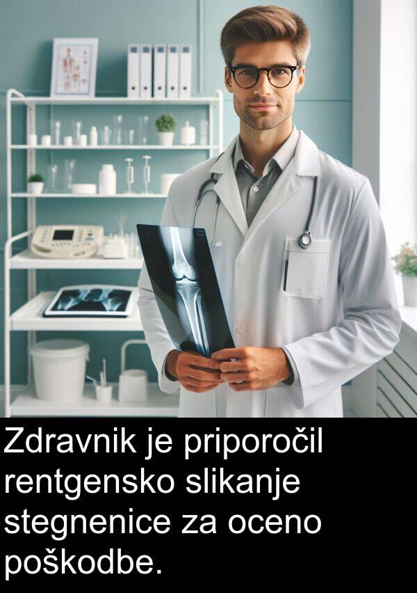poškodbe: Zdravnik je priporočil rentgensko slikanje stegnenice za oceno poškodbe.